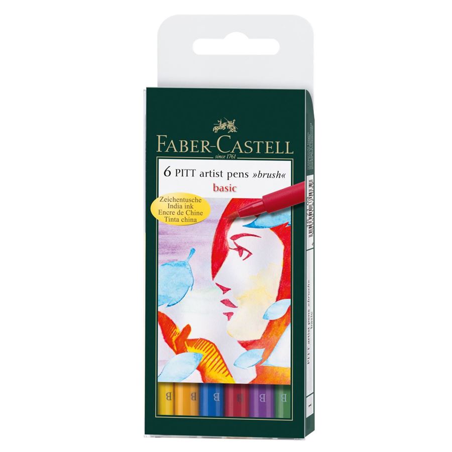 Faber-Castell - Pitt Artist Pen Brush India ink pen, wallet of 6, Basic